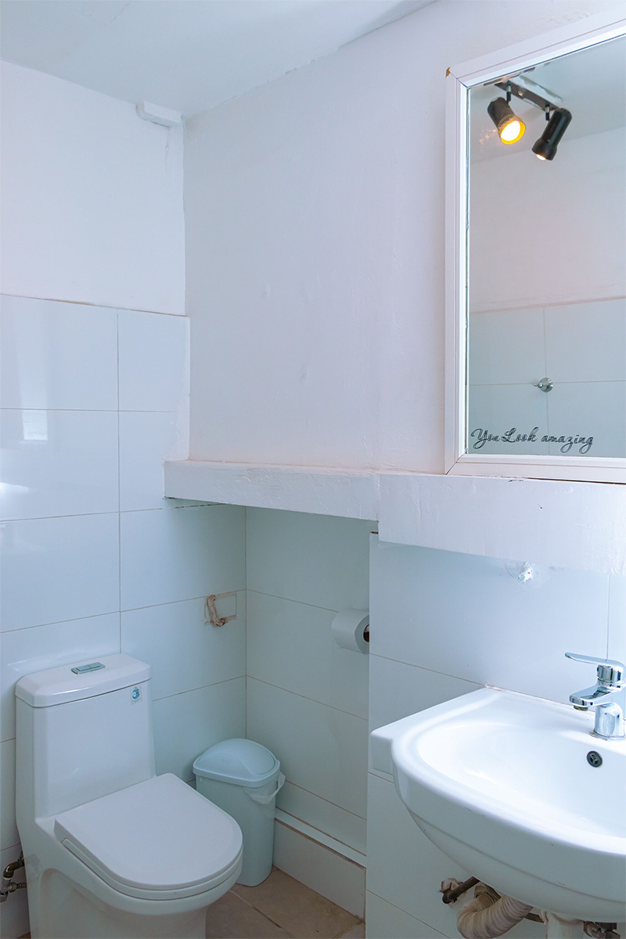 A bathroom with a toilet, sink, and mirror.