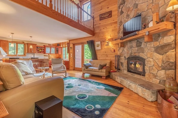 Smart TV, fireplace, books, computer monitors