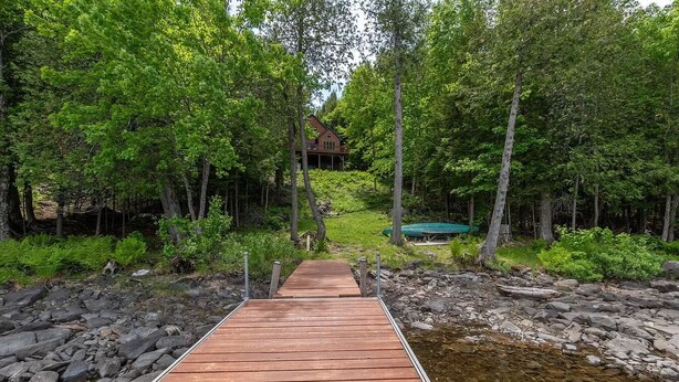 A wooden bridge leading to a house surrounded by dense forest.