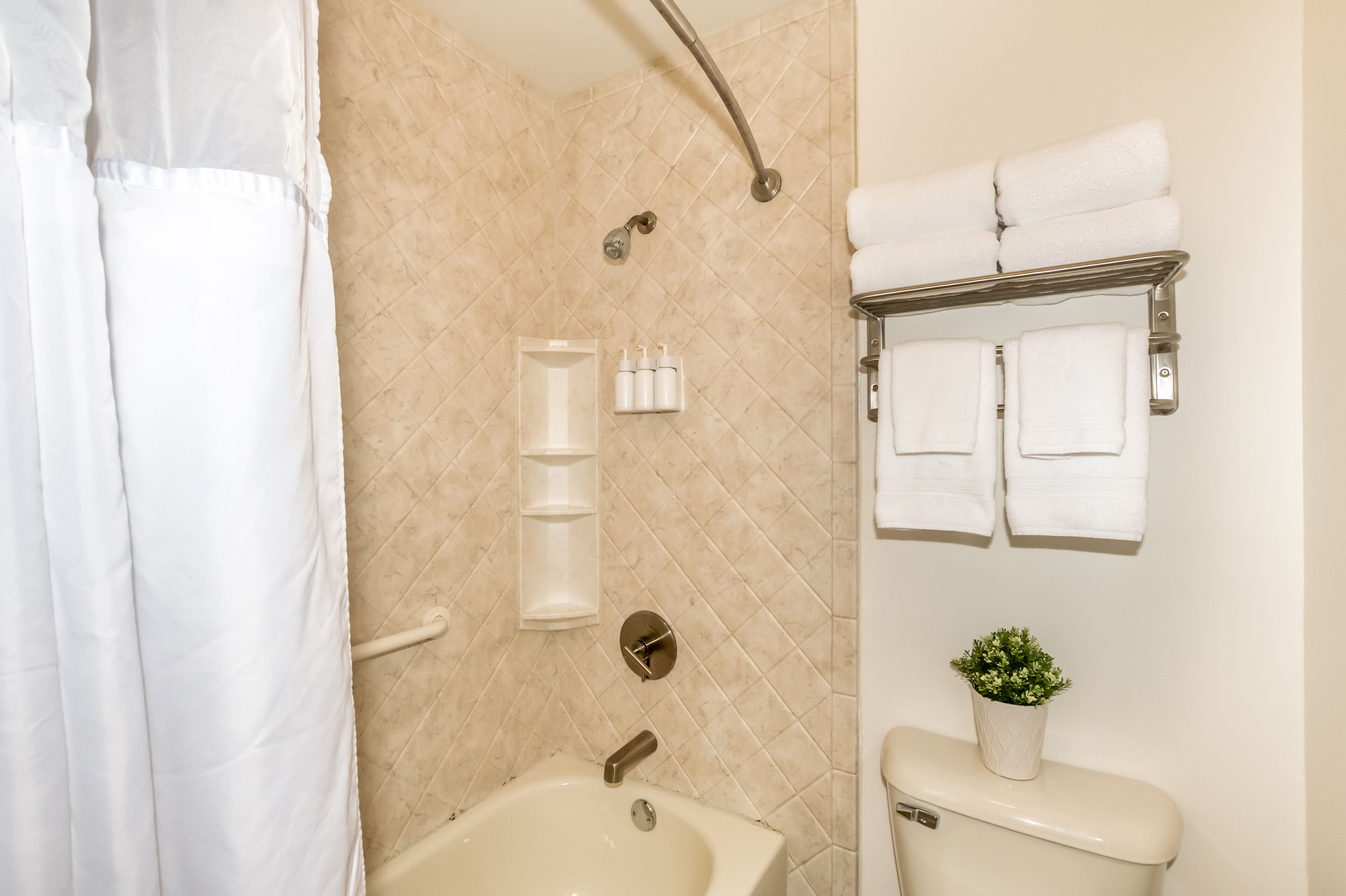A bathroom with a bathtub, a shower, and a toilet. There are two towels hanging on a rack and a small potted plant on the toilet.