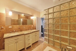 Jetted bath, hair dryer, towels, soap