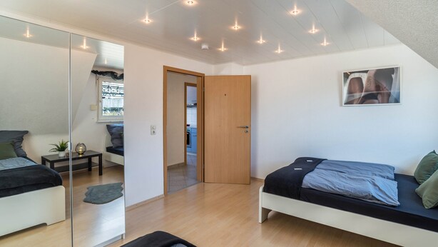 A bedroom with a bed, a mirror, a door, and a small table with a plant. - Apartment 'Am Hirnach' with Shared Terrace, Shared Garden and Wi-Fi (Sindelfingen)