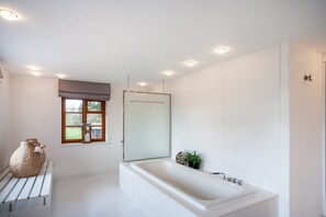 Bathtub, hair dryer, towels