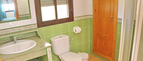 A bathroom with a sink, toilet, and a wooden door.