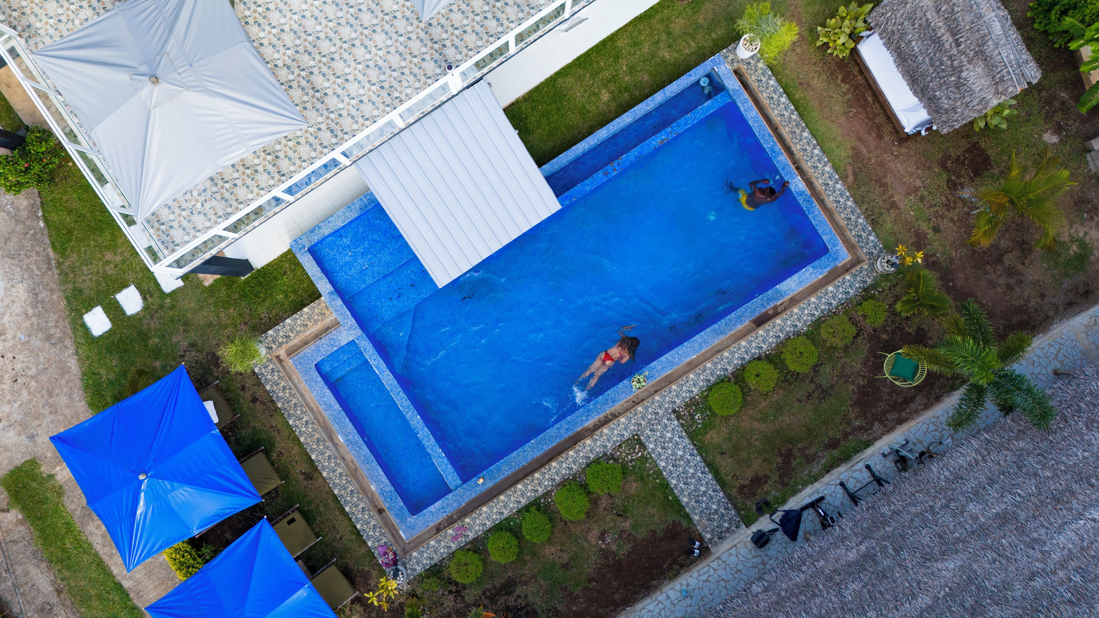 Vista aérea de una piscina rectangular con un deckado de baldosas alrededor, un área de estar cubierta y un pequeño jardín con palmeras.