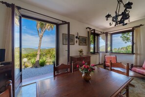 A dining area with a wooden table, chairs, and a vase of flowers. There are windows with views of greenery and hills.