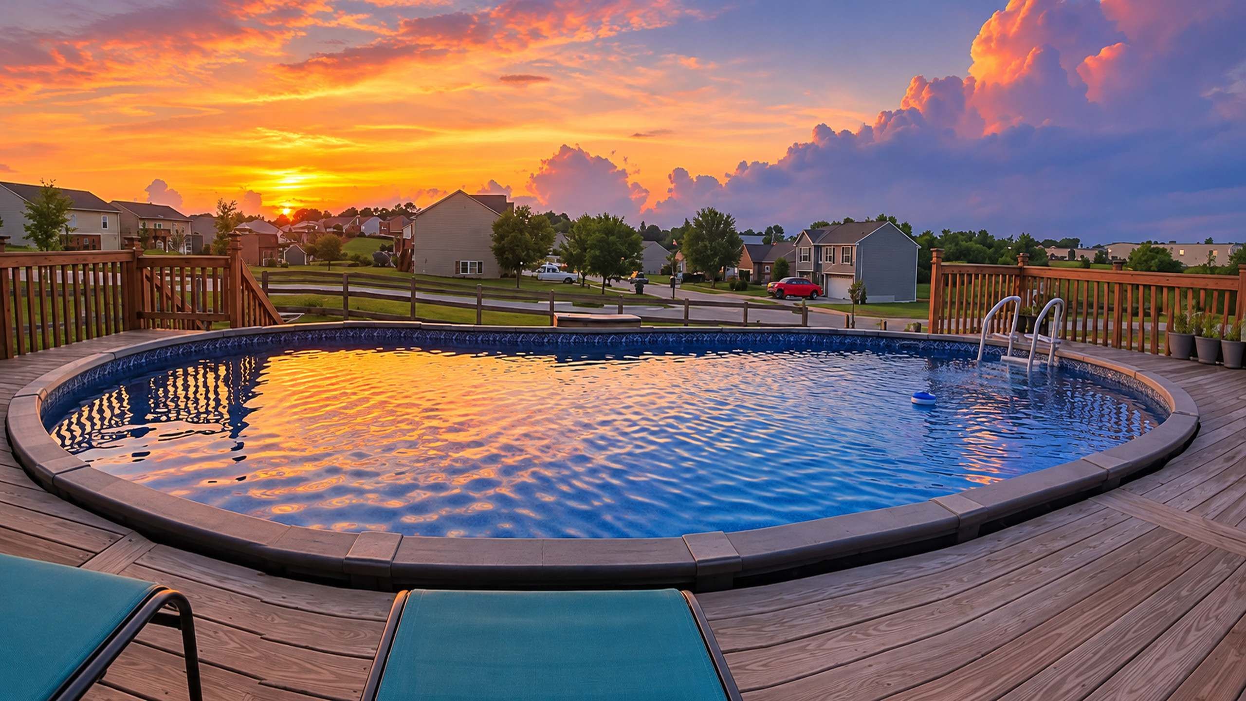 Une piscine avec une terrasse en bois, entourée d’un quartier résidentiel, au coucher du soleil.