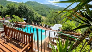 Ein Pool mit Holzterrasse und Liegestühlen, umgeben von Grün und Bergen.