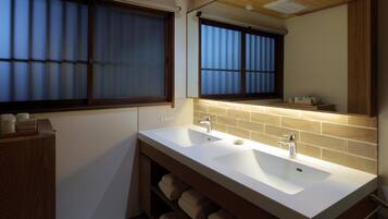 Hair dryer, bidet, towels, soap