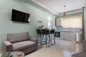 A living room with a sofa, a TV, a dining area with chairs, and a kitchen with cabinets and appliances.