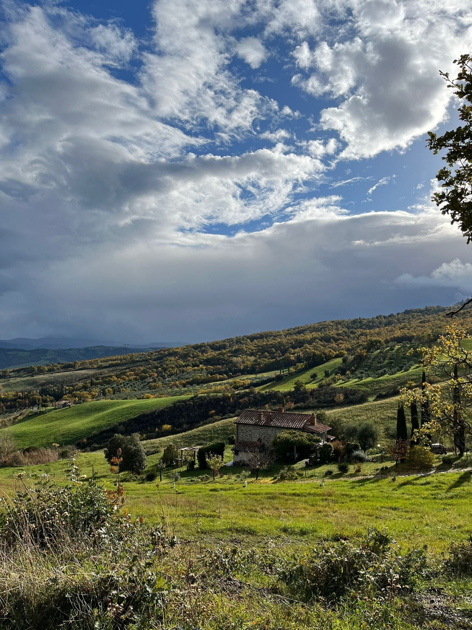 Paisaje rural con colinas ondulantes, una casa de piedra y cielo despejado.