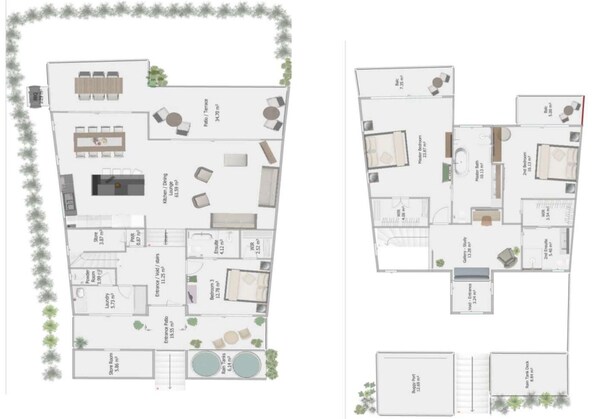 A floor plan of a hotel with a dining area, kitchen, lounge, and multiple bedrooms.