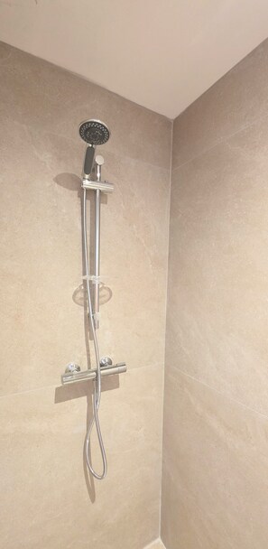 Eine Dusche mit Duschbrause und Handbrause.