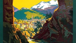 A stylized town with a prominent church, a bridge, and mountains in the background.
