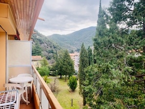 Uma varanda com vista para uma paisagem montanhosa, um pequeno jardim e um edifício ao longe.
