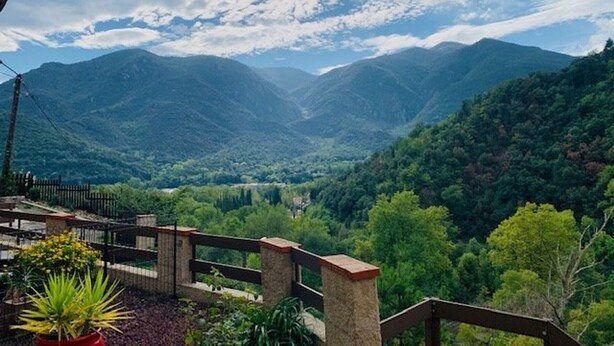 A mountainous landscape with a wooden fence and potted plants in the foreground.