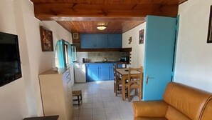 A compact living space with a kitchen, dining area, and a sofa.