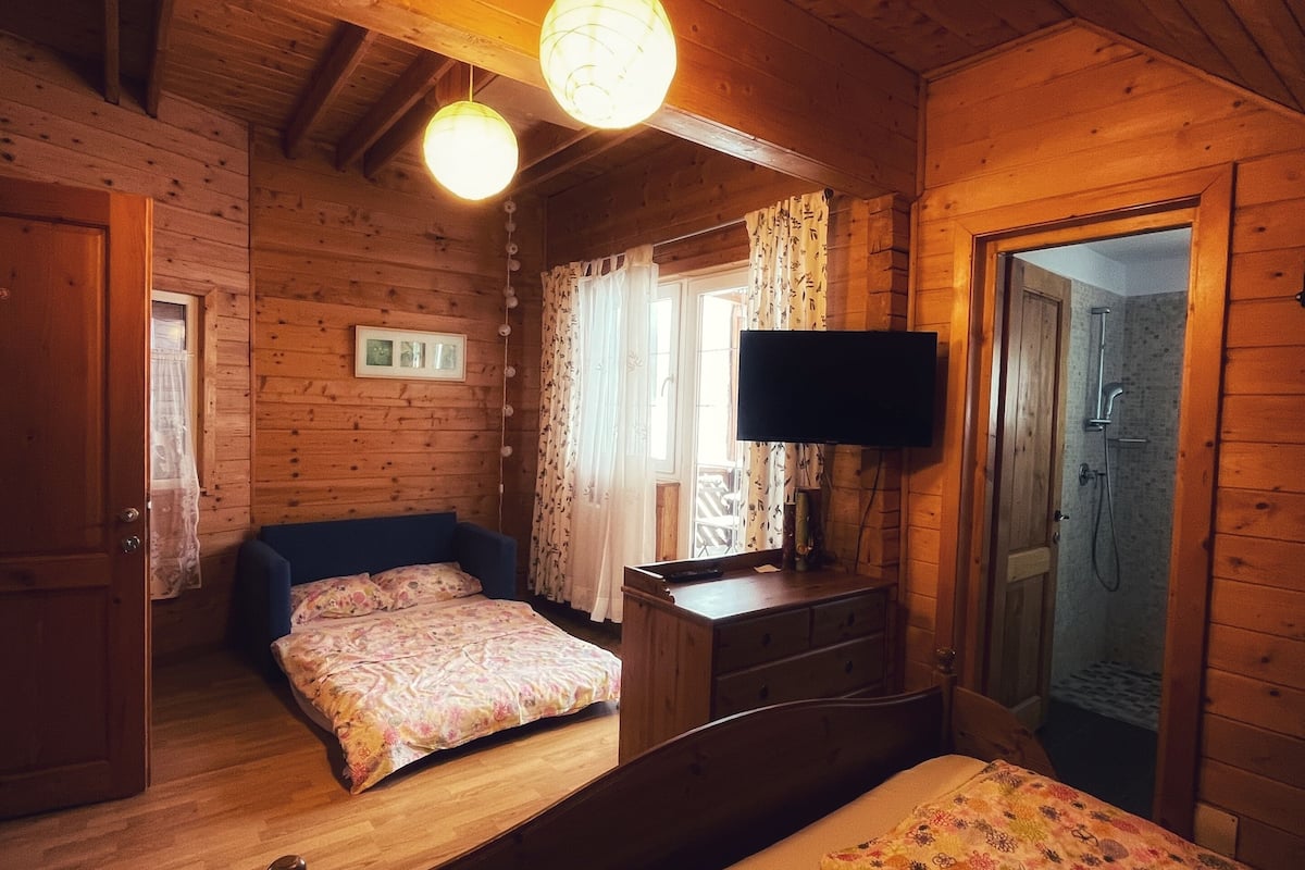 Habitación de cabaña de madera con dos camas, un televisor y ducha.
