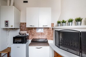 Fridge, microwave, stovetop, cookware/dishes/utensils