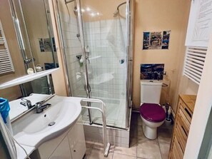A bathroom with a shower, toilet, sink, and mirror.