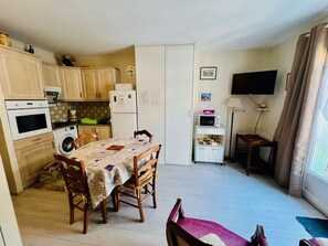 A compact living space with a kitchen, dining area, and a TV.
