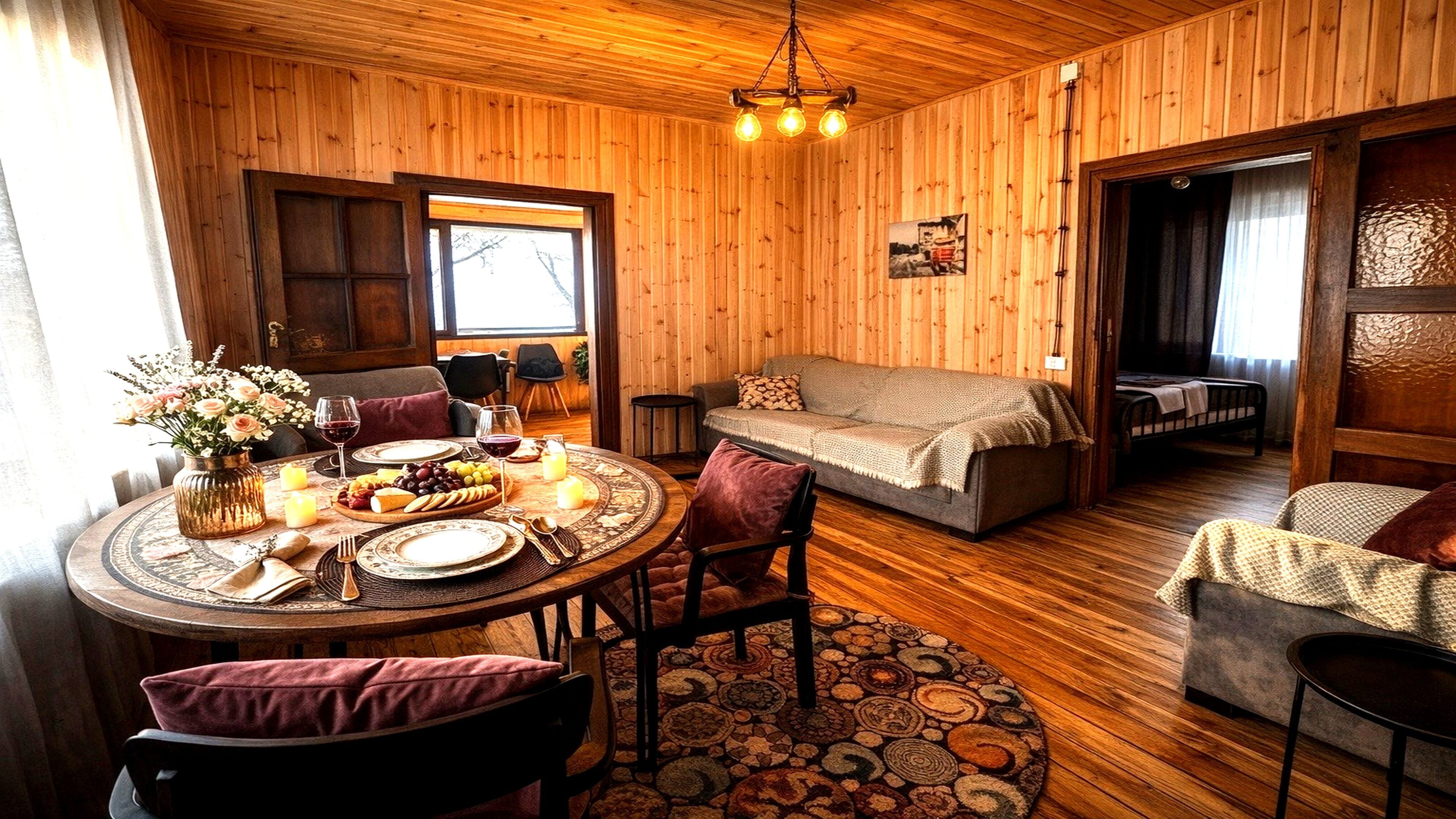 A cozy room with a wooden interior, a dining table set with plates, glasses, and a fruit platter, and a bed with a blanket.