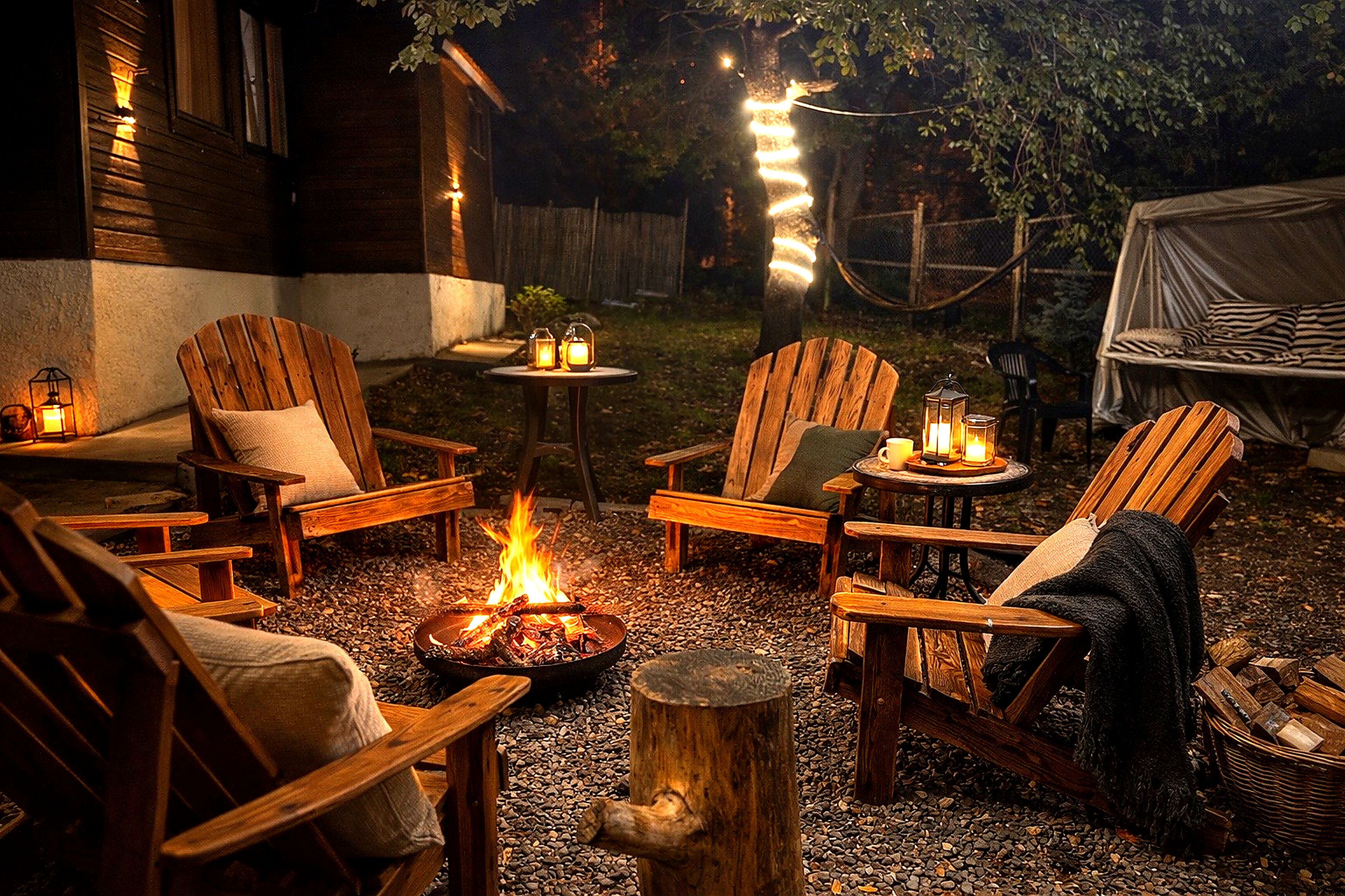 A cozy outdoor seating area with Adirondack chairs, a fire pit, and ambient lighting.