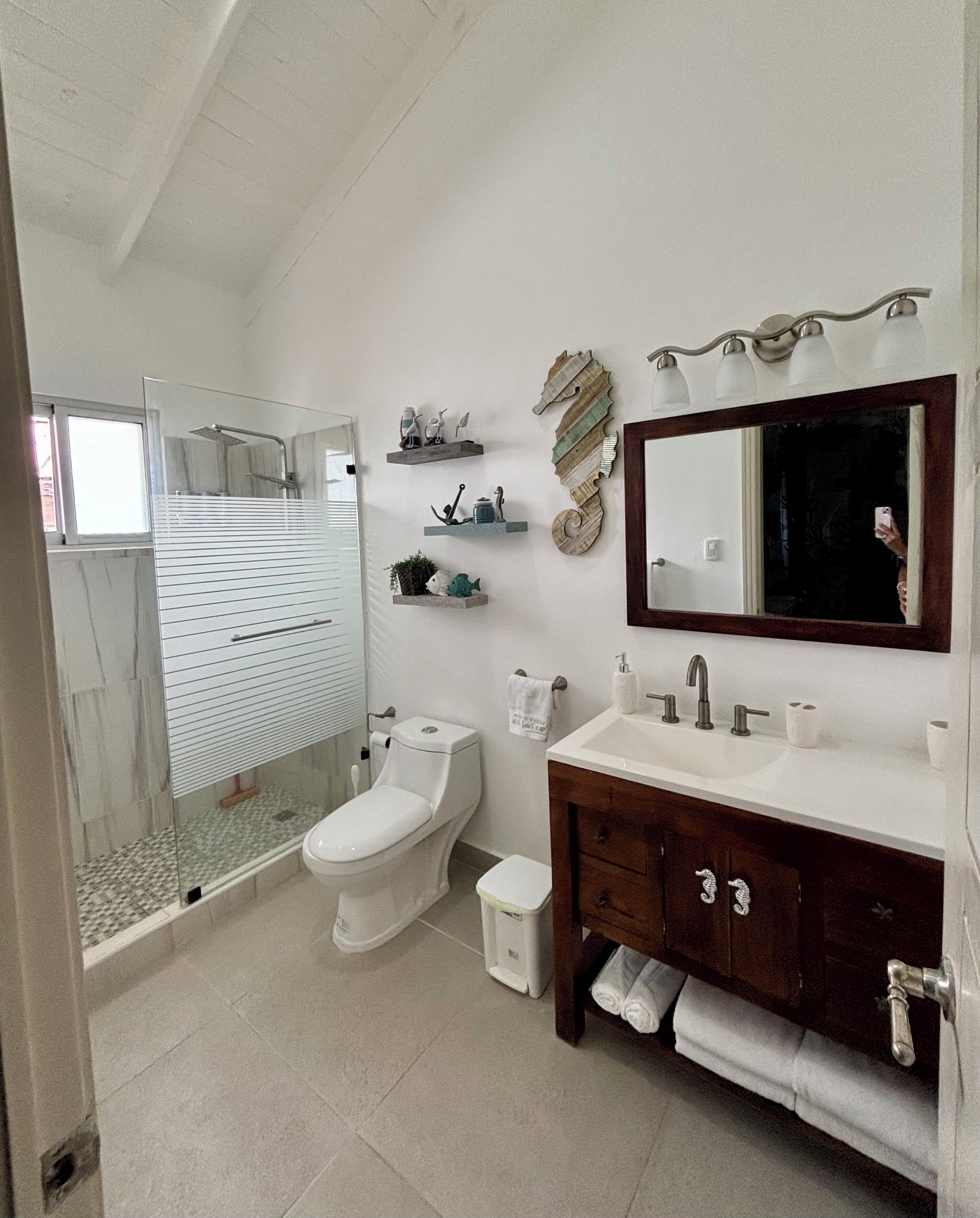 A modern bathroom with a glass-enclosed shower, a white toilet, a vanity with a mirror, and decorative wall shelves.