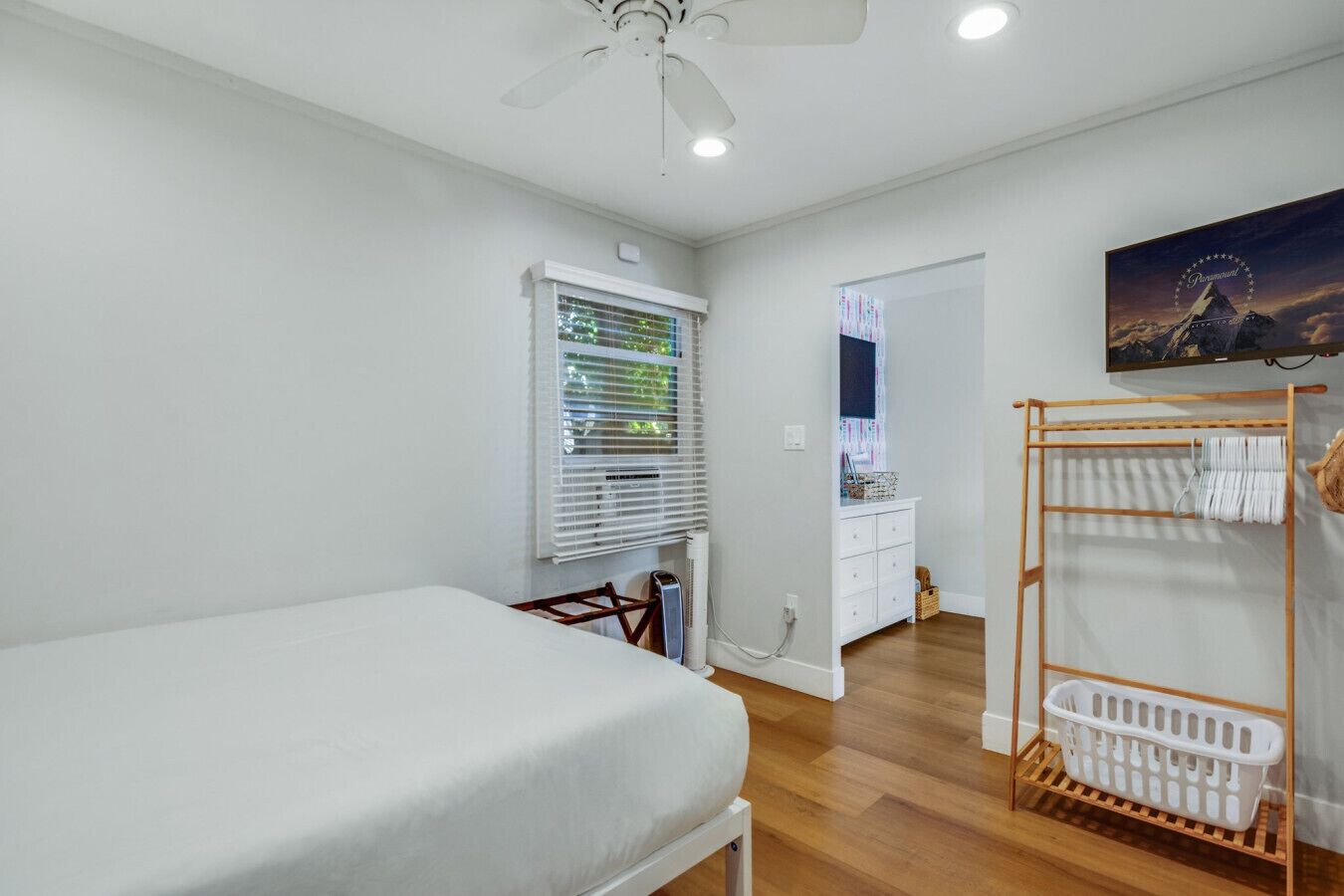 1 bedroom, desk, iron/ironing board, travel cot