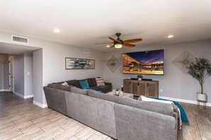 Smart TV, fireplace, video games, foosball