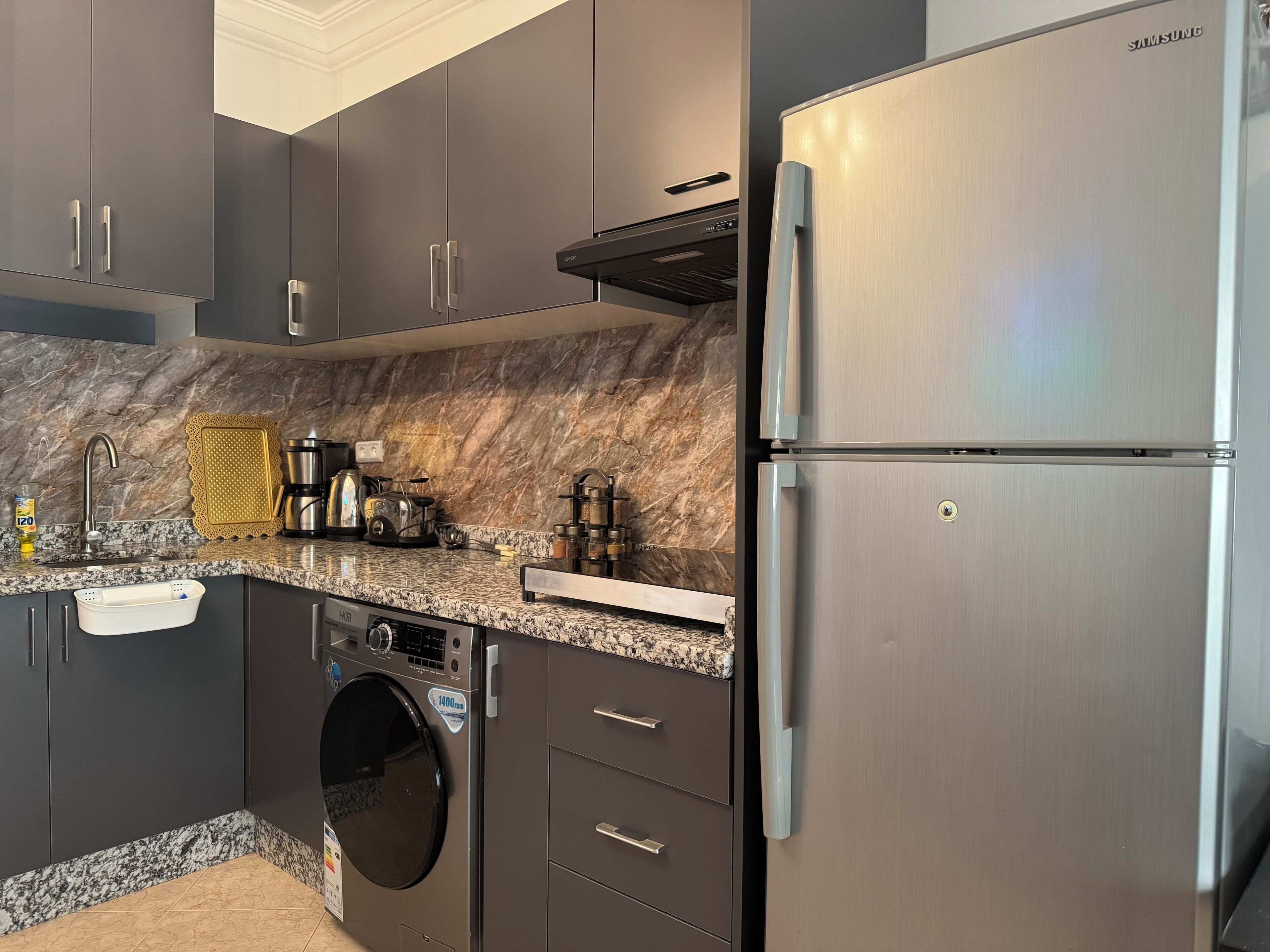 Fridge, oven, stovetop, electric kettle