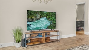 Un televisor de pantalla plana sobre un mueble de madera, una planta en maceta y un adorno mural geométrico en una habitación con suelo de madera y una puerta que da a otra estancia.