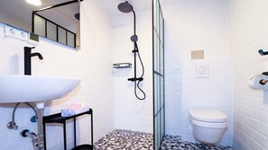Douche, séchoir à cheveux, serviettes fournies