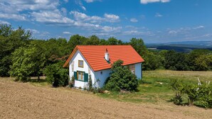 Une maison blanche avec un toit rouge, entourée d’arbres et d’un champ.