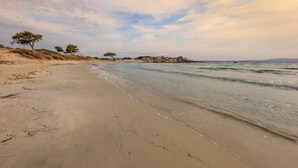 A beach with sand, gentle waves, and sparse trees. - HERACLEA SUITES (Nea Propontida)