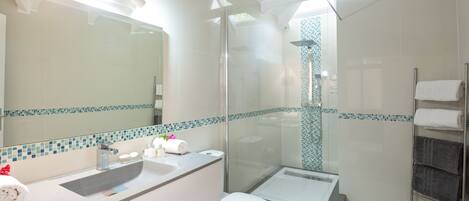 Une salle de bain moderne avec une douche à parois de verre, un lavabo blanc et un grand miroir.