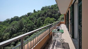Un balcon avec une table et des chaises, donnant sur une colline boisée.