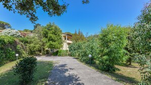 A paved pathway leading to a building surrounded by lush greenery and trees. - Holiday Home "Castagnola" with Private Garden and Terrace (Marciana)