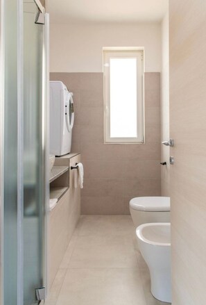 Chuveiro, secador de cabelo, toalhas de banho 