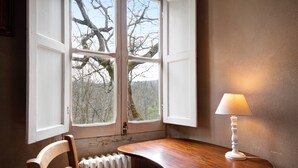 A room with a wooden table, a chair, a radiator, and a window with a view of trees.