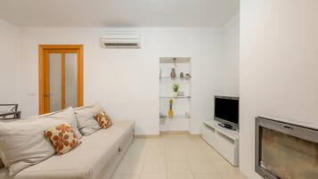 Uma sala de estar com sofá, televisão, lareira e uma estante com objetos decorativos.