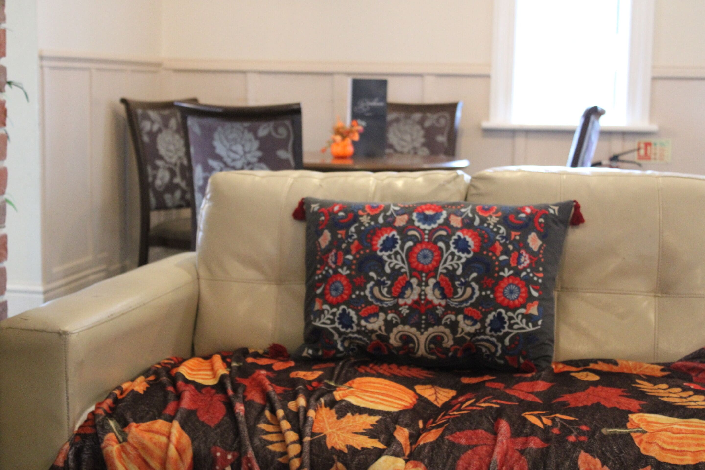 A living room with a beige sofa, a patterned throw blanket, and a floral pillow.