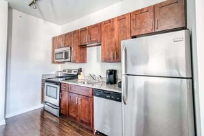 Fridge, microwave, oven, stovetop