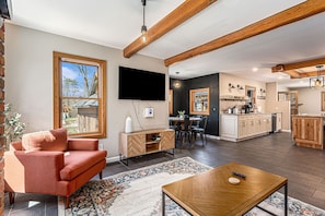 Smart TV, fireplace, video games, table football