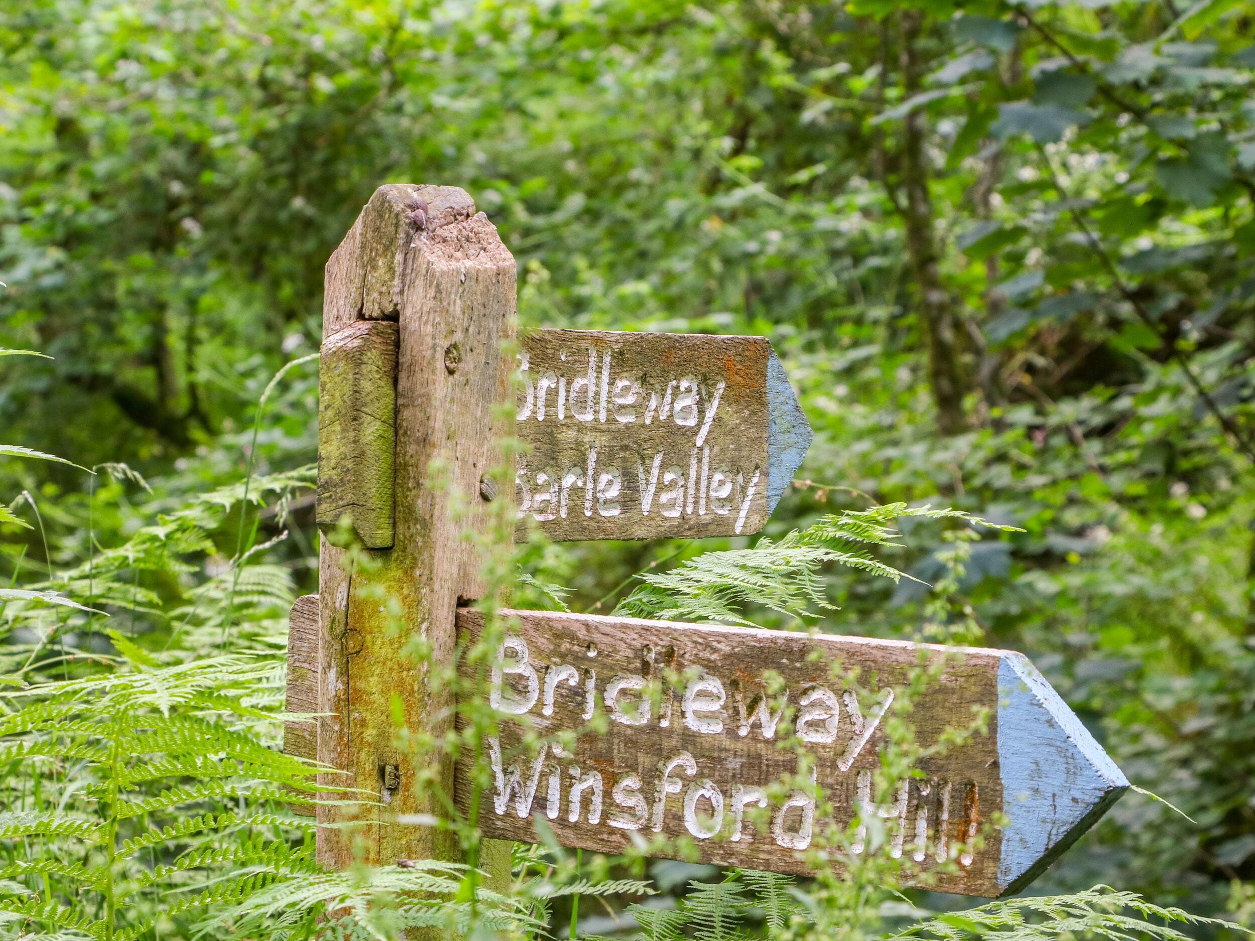 A wooden directional signpost with 'Bridleway' and 'Windsford Hill' written on it, surrounded by greenery.