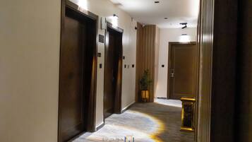Stylish hotel corridor with numbered doors and a touch of greenery.