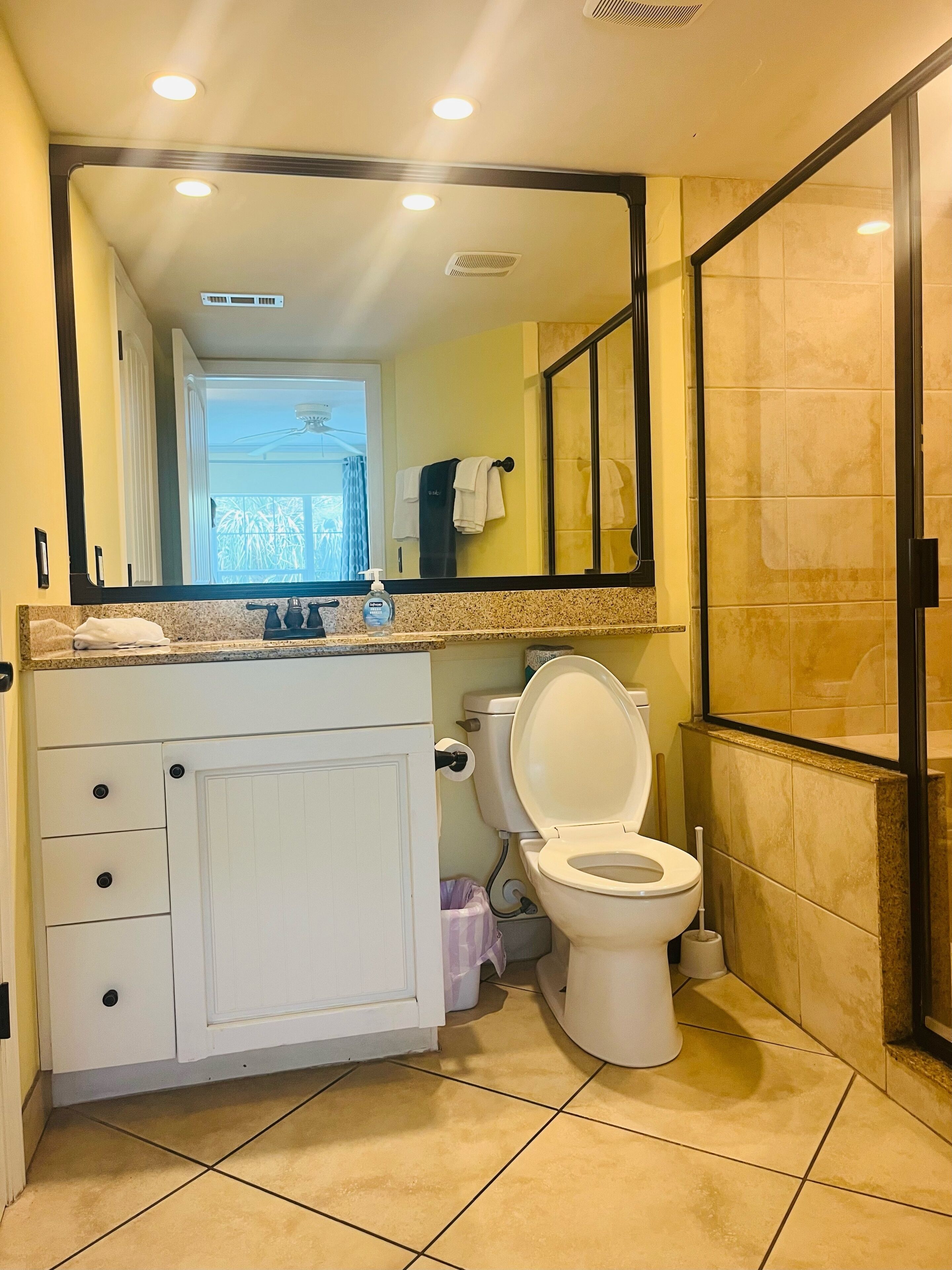 Une salle de bain avec des toilettes, un lavabo et un miroir.