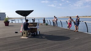 A wooden deck with a piano, a large umbrella, and a potted plant. - Exceptional seafront location (Étel)