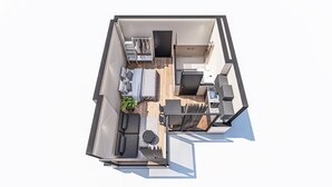 A modern apartment layout with a living area, kitchen, and bathroom.