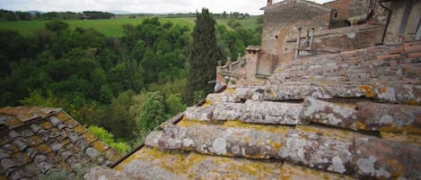 A stone staircase leading to a building with a view of a green landscape.